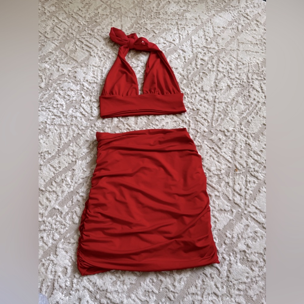 SHEIN red halter top and ruched shirt set